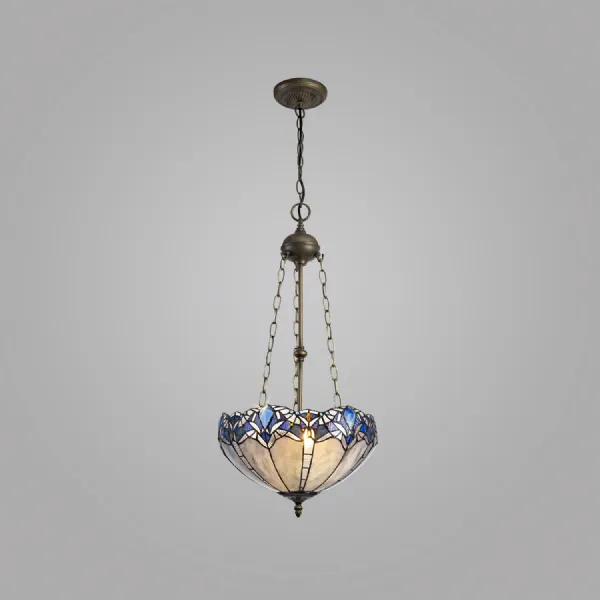 Ardingly 3 Light Uplighter Pendant E27 With 40cm Tiffany Shade, Blue Clear Crystal Aged Antique Brass