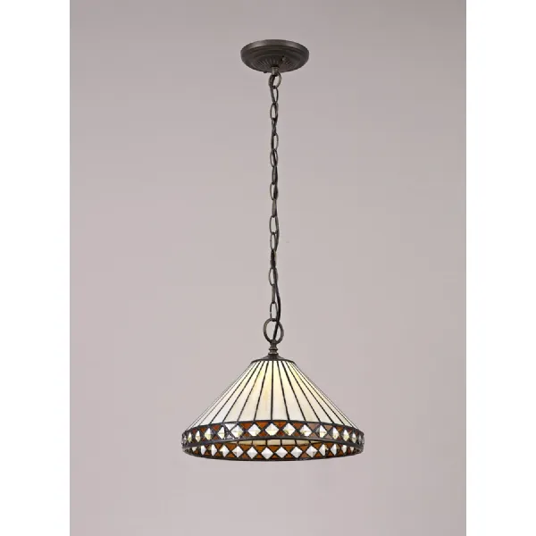 Rayleigh 1 Light Downlighter Pendant E27 With 30cm Tiffany Shade, Amber Cream Crystal Aged Antique Brass