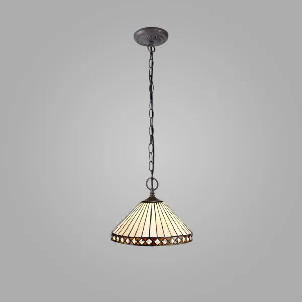 Rayleigh 2 Light Downlighter Pendant E27 With 30cm Tiffany Shade, Amber Cream Crystal Aged Antique Brass