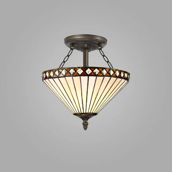 Rayleigh 2 Light Semi Flush E27 With 30cm Tiffany Shade, Amber Cream Crystal Aged Antique Brass