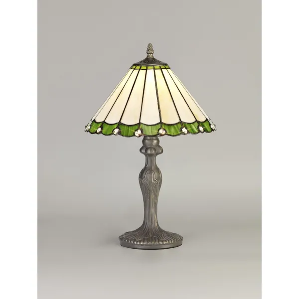 Ware 1 Light Curved Table Lamp E27 With 30cm Tiffany Shade, Green Cream Crystal Aged Antique Brass
