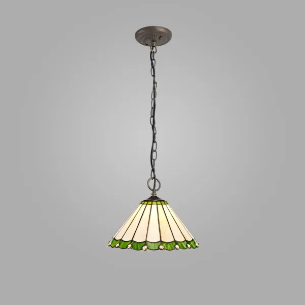 Ware 3 Light Downlighter Pendant E27 With 30cm Tiffany Shade, Green Cream Crystal Aged Antique Brass