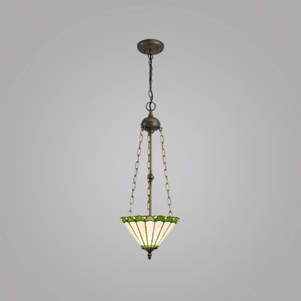 Ware 3 Light Uplighter Pendant E27 With 30cm Tiffany Shade, Green Cream Crystal Aged Antique Brass