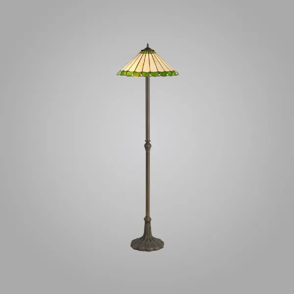 Ware 2 Light Leaf Design Floor Lamp E27 With 40cm Tiffany Shade, Green Cream Crystal Aged Antique Brass