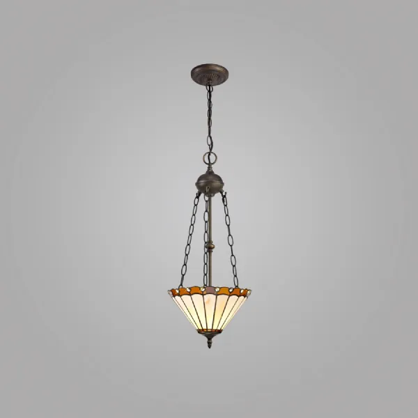 Ware 2 Light Uplighter Pendant E27 With 30cm Tiffany Shade, Amber Cream Crystal Aged Antique Brass