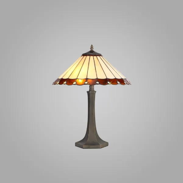 Ware 2 Light Octagonal Table Lamp E27 With 40cm Tiffany Shade, Amber Cream Crystal Aged Antique Brass