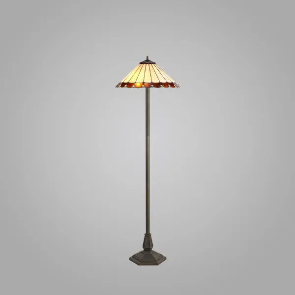 Ware 2 Light Octagonal Floor Lamp E27 With 40cm Tiffany Shade, Amber Cream Crystal Aged Antique Brass
