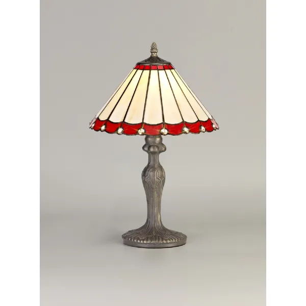 Ware 1 Light Curved Table Lamp E27 With 30cm Tiffany Shade, Red Cream Crystal Aged Antique Brass