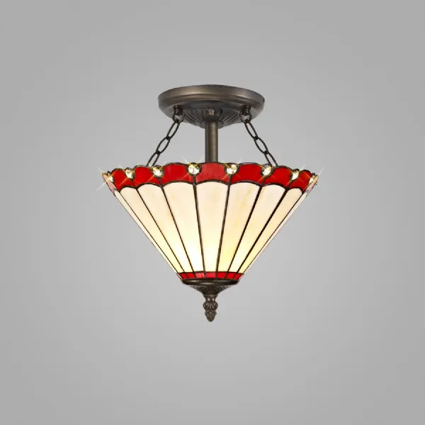 Ware 2 Light Semi Flush E27 With 30cm Tiffany Shade, Red Cream Crystal Aged Antique Brass