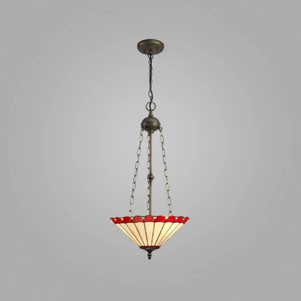 Ware 3 Light Uplighter Pendant E27 With 40cm Tiffany Shade, Red Cream Crystal Aged Antique Brass