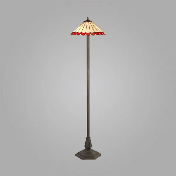Ware 2 Light Octagonal Floor Lamp E27 With 40cm Tiffany Shade, Red Cream Crystal Aged Antique Brass