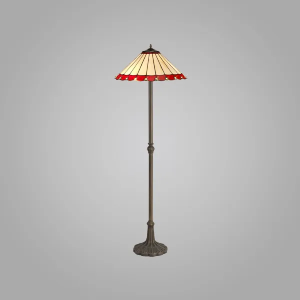 Ware 2 Light Leaf Design Floor Lamp E27 With 40cm Tiffany Shade, Red Cream Crystal Aged Antique Brass
