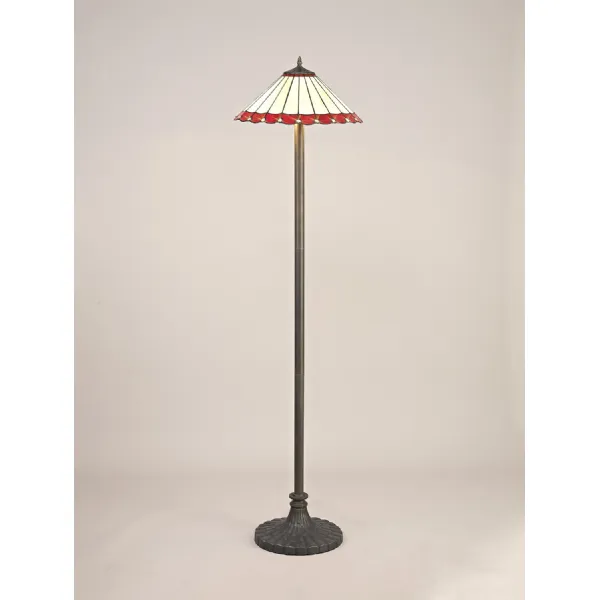 Ware 2 Light Stepped Design Floor Lamp E27 With 40cm Tiffany Shade, Red Cream Crystal Aged Antique Brass