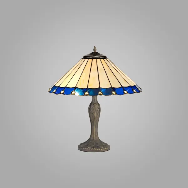 Ware 2 Light Curved Table Lamp E27 With 40cm Tiffany Shade, Blue Cream Crystal Aged Antique Brass
