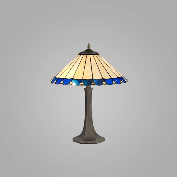 Ware 2 Light Octagonal Table Lamp E27 With 40cm Tiffany Shade, Blue Cream Crystal Aged Antique Brass
