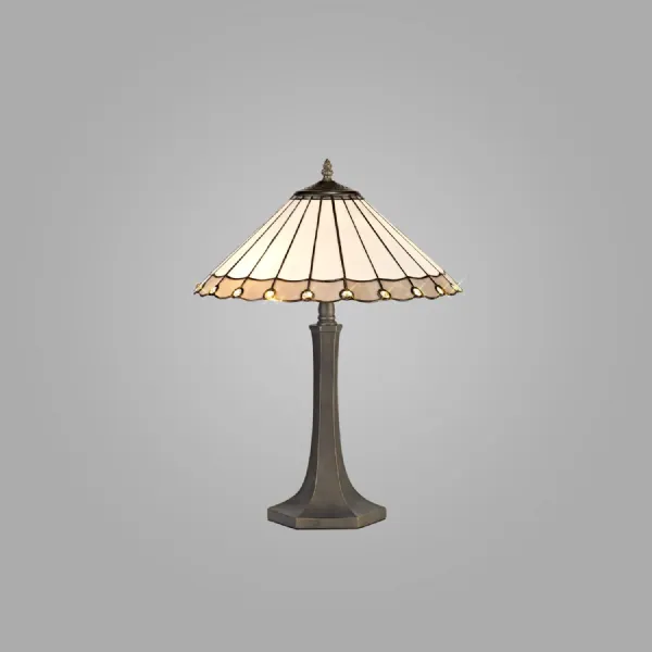 Ware 2 Light Octagonal Table Lamp E27 With 40cm Tiffany Shade, Grey Cream Crystal Aged Antique Brass