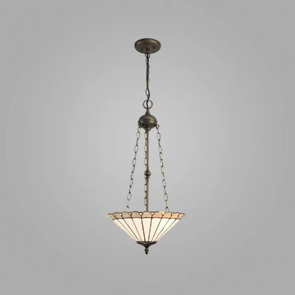 Ware 3 Light Uplighter Pendant E27 With 40cm Tiffany Shade, Grey Cream Crystal Aged Antique Brass