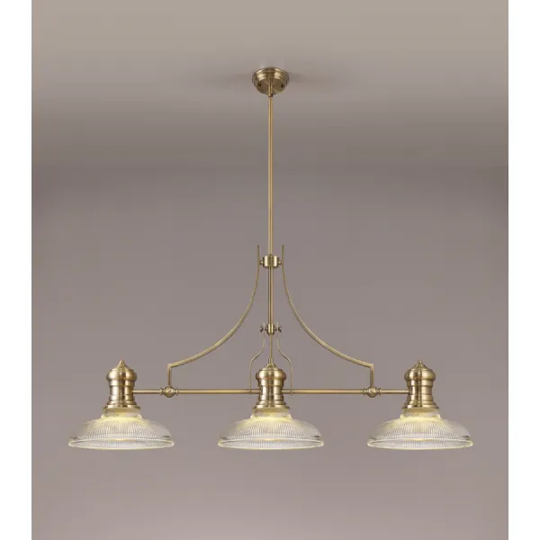 Sandy 3 Light Linear Pendant E27 With 30cm Round Glass Shade, Antique Brass, Clear