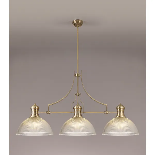 Sandy 3 Light Linear Pendant E27 With 38cm Dome Glass Shade, Antique Brass, Clear