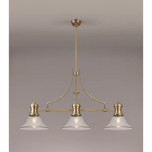 Sandy 3 Light Linear Pendant E27 With 30cm Smooth Bell Glass Shade, Antique Brass, Clear