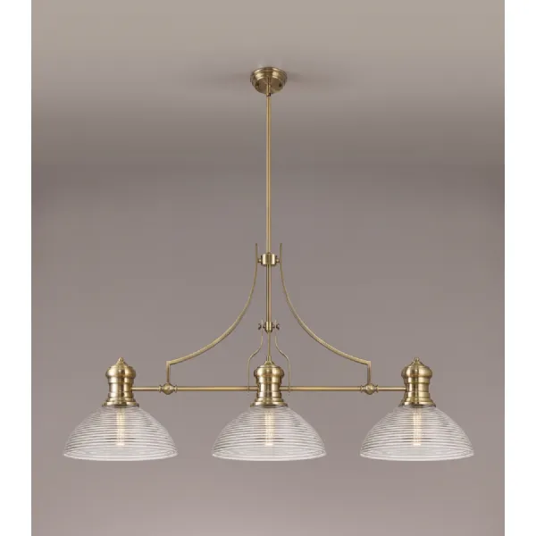 Sandy 3 Light Linear Pendant E27 With 33.5cm Prismatic Glass Shade, Antique Brass, Clear