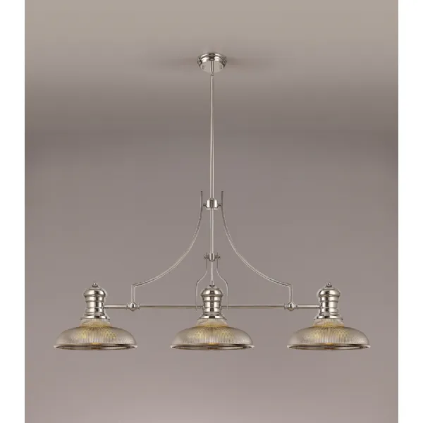 Sandy 3 Light Linear Pendant E27 With 30cm Round Glass Shade, Polished Nickel, Smoked