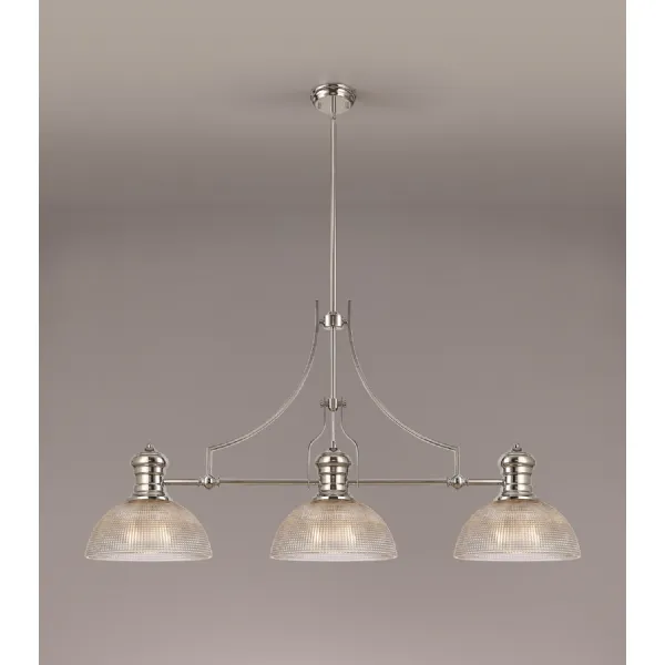 Sandy 3 Light Linear Pendant E27 With 30cm Prismatic Glass Shade, Polished Nickel, Clear