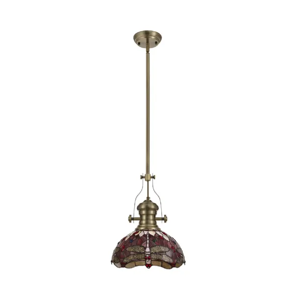 Hitchin 1 Light Pendant E27 With 30cm Tiffany Shade, Antique Brass Purple Pink Crystal