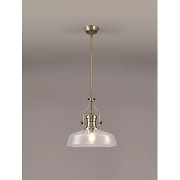 Sandy Pendant With 38cm Flat Round Shade, 1 x E27, Antique Brass Clear Glass