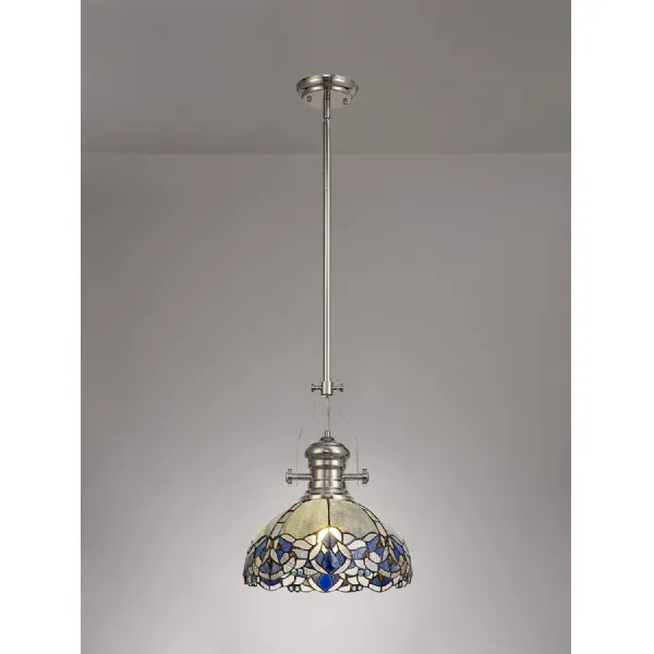 Ardingly 1 Light Pendant E27 With 30cm Tiffany Shade, Polished Nickel Blue Clear Crystal