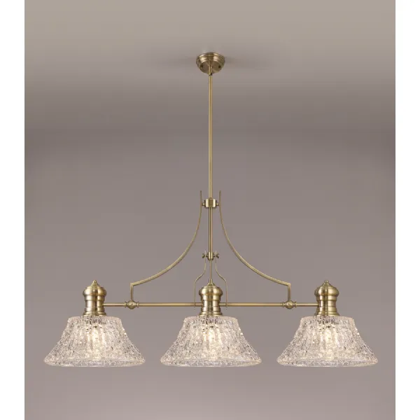 Sandy Linear Pendant With 38cm Patterned Round Shade, 3 x E27, Antique Brass Clear Glass Item Weight: 19.1kg