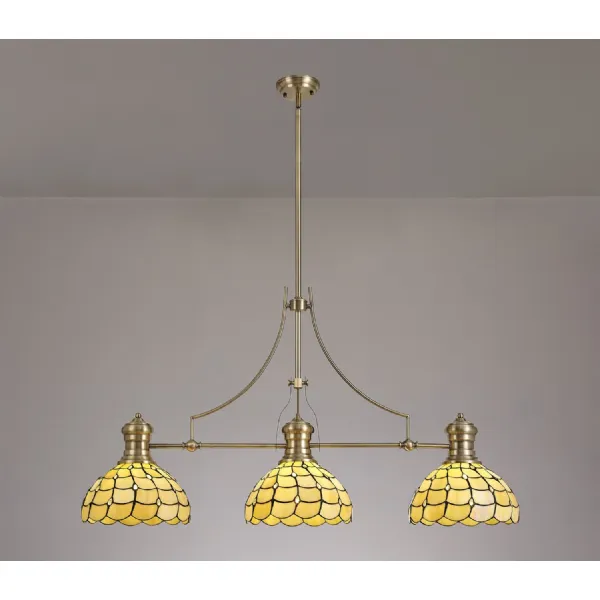 Stratford 3 Light Linear Pendant E27 With 30cm Tiffany Shade, Antique Brass, Beige, Clear Crystal