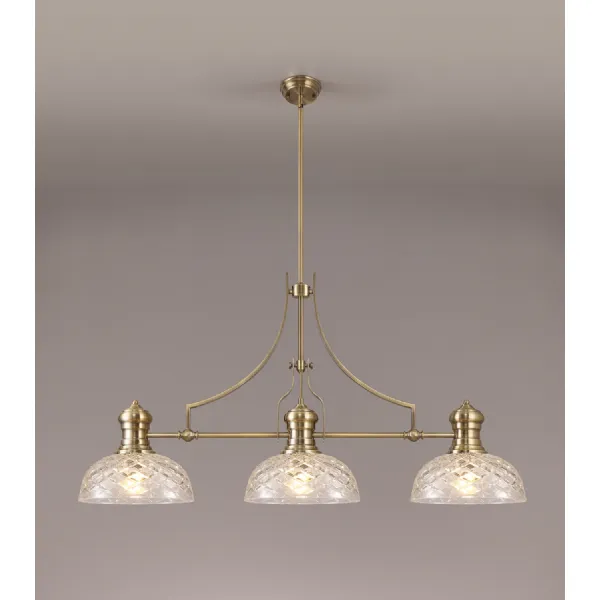 Sandy Linear Pendant With 30cm Flat Round Patterned Shade, 3 x E27, Antique Brass Clear Glass