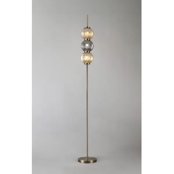 Strand Floor Lamp, 3 x G9, Antique Brass Smoked And Amber Glass