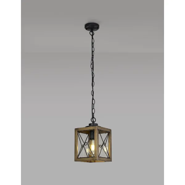 Liss Pendant, 1 x E27, Wood Effect And Black Clear Glass, IP54, 2yrs Warranty