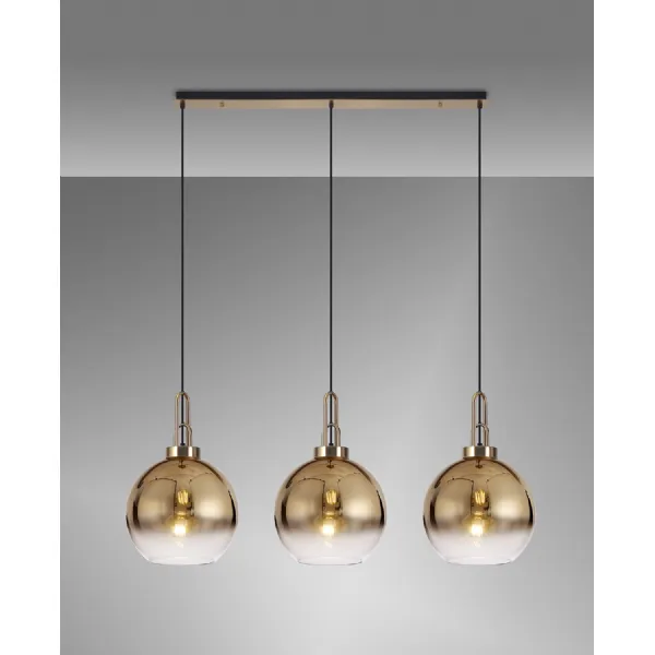 Epsom Linear 3 Light Pendant E27 With 30cm Globe Glass, Brass Gold Clear Brass Gold Matt Black