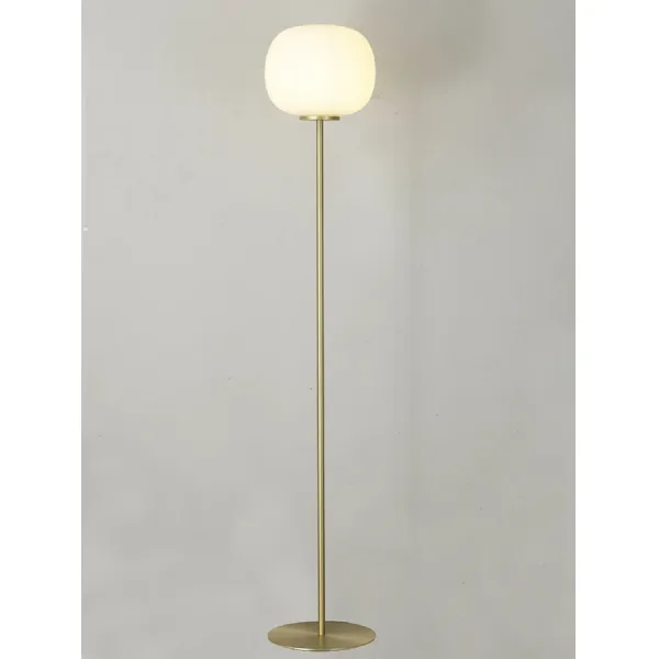 Sevenoaks Medium Oval Ball Floor Lamp 1 Light E27 Satin Gold Base With Frosted White Glass Globe