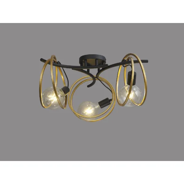 Battersea Double Ring Ceiling Flush, 3 Light E27, Matt Black Painted Gold, G95 120 Lamp Recommended