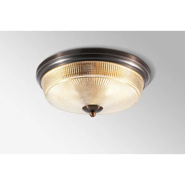 Belgravia 2 Light E27 Flush Ceiling Light, IP44, Bronze Prismatic Glass