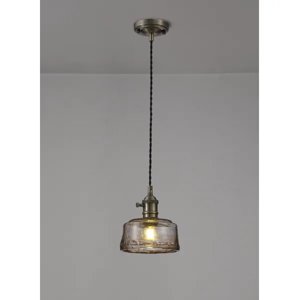 Hatfield Switched Pendant 1.5m, 1 x E27, Antique Brass Black Twisted Cable Brown Bowl Glass