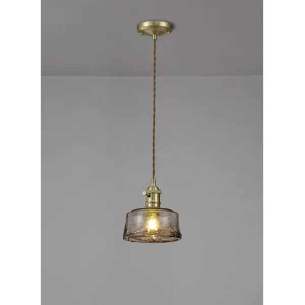 Hatfield Switched Pendant 1.5m, 1 x E27, Brass Pale Gold Twisted Cable Brown Bowl Glass