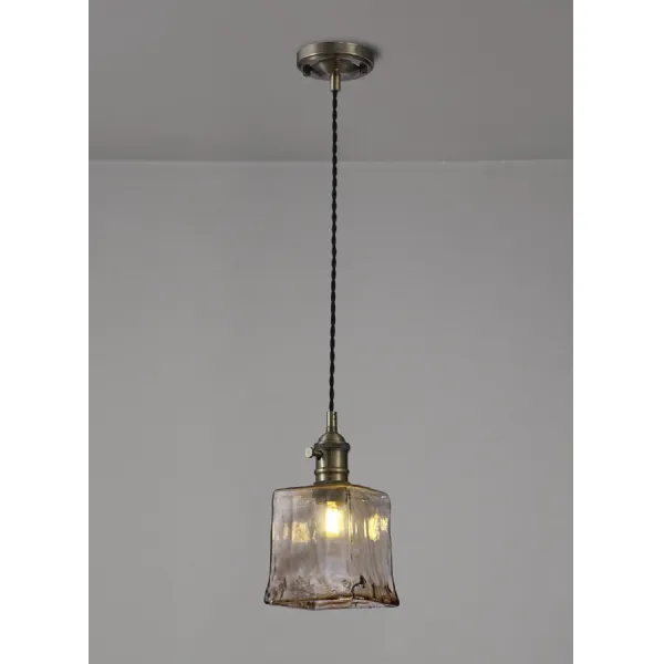 Hatfield Switched Pendant 1.5m, 1 x E27, Antique Brass Black Twisted Cable Brown Square Glass