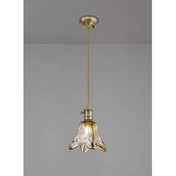 Hatfield Switched Pendant 1.5m, 1 x E27, Antique Brass Golden Brown Braided Cable Brown Flower Glass