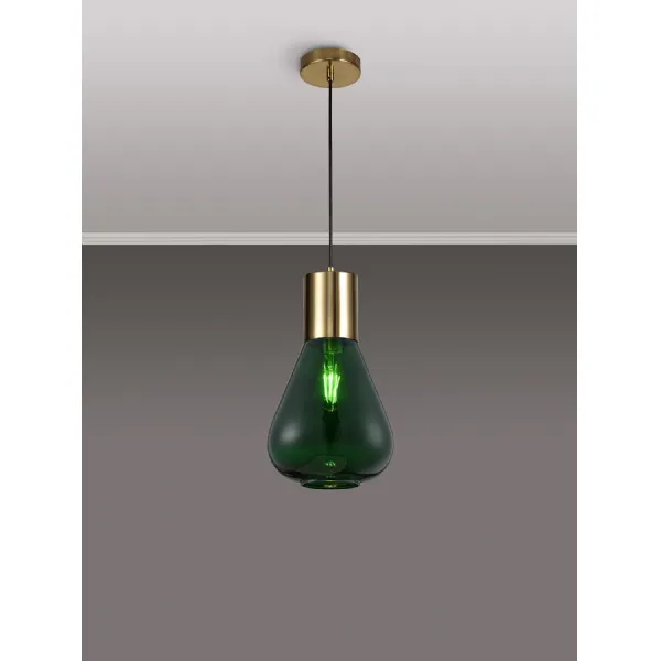 Copthorne Narrow Pendant, 1 x E27, Aged Brass Bottle Green Glass