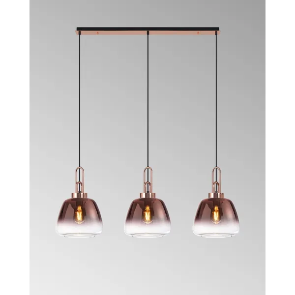 Epsom Linear Pendant 3 Light E27 With 28cm Trapezium Glass, Copper Clear Matt Black