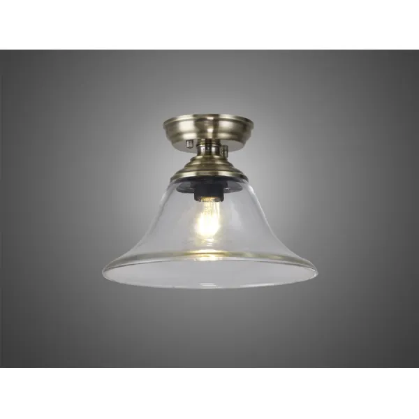 Billericay 1 Light Flush Ceiling E27 With Smooth Bell 30cm Glass Shade Antique Brass Clear