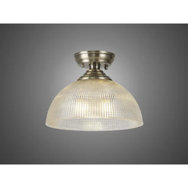 Billericay 1 Light Flush Ceiling E27 With Round 30cm Prismatic Effect Glass Shade Antique Brass Clear