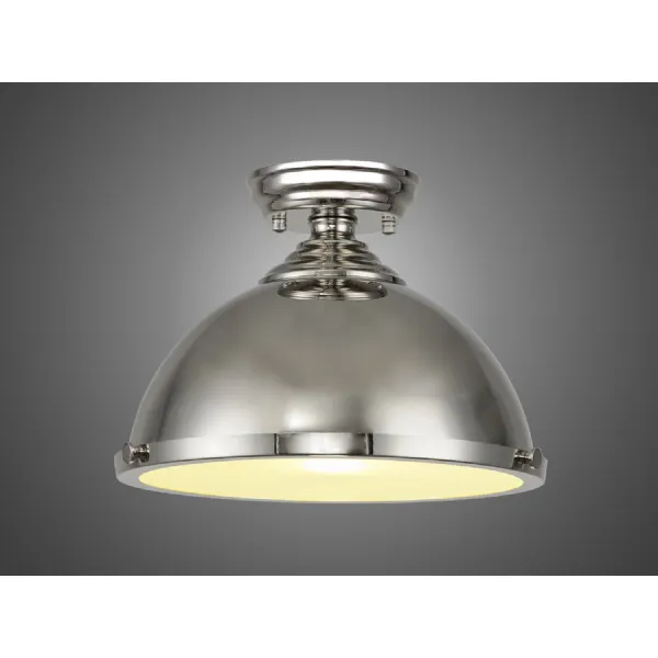 Billericay 1 Light Flush Ceiling E27 With Round 31cm Metal Shade Polished Nickel Frosted White
