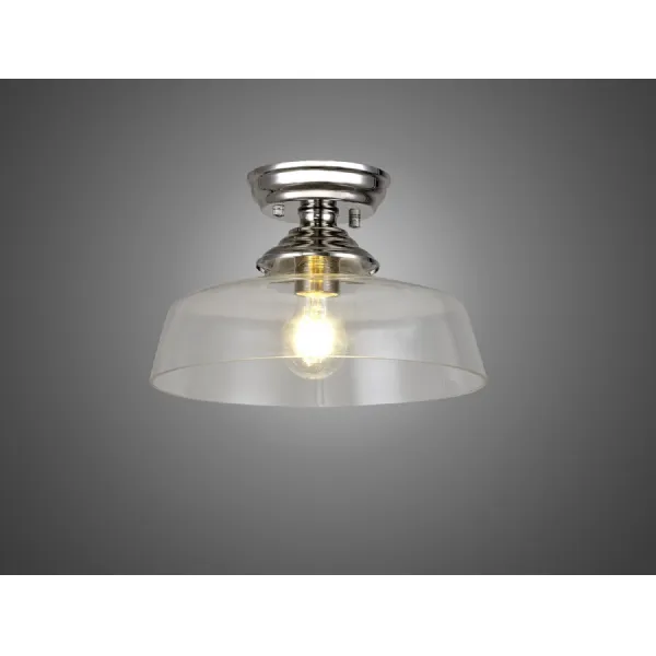Billericay 1 Light Flush Ceiling E27 With Flat Round 30cm Glass Shade Polished Nickel Clear