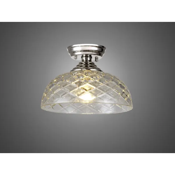 Billericay 1 Light Flush Ceiling E27 With Flat Round 30cm Patterned Glass Shade Polished Nickel Clear